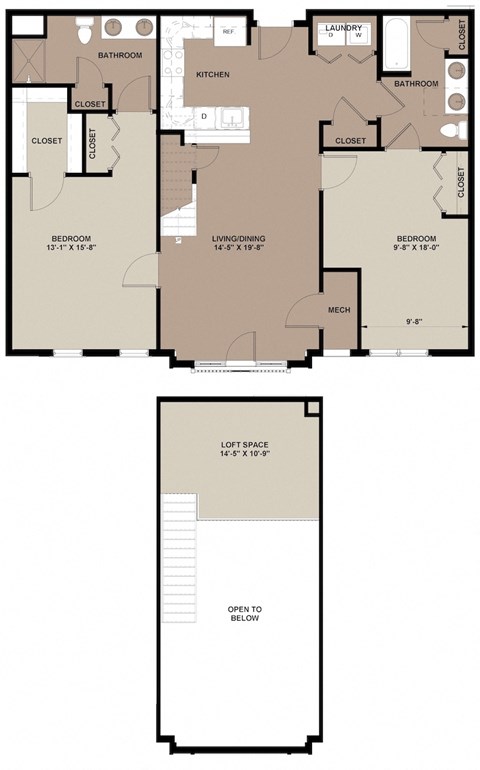 Floor plan for 2 beds, 2 baths, 1370 sqft